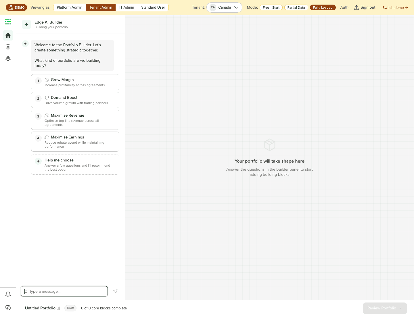 Enable Edge portfolio builder canvas with AI assistant on the left and empty canvas on the right