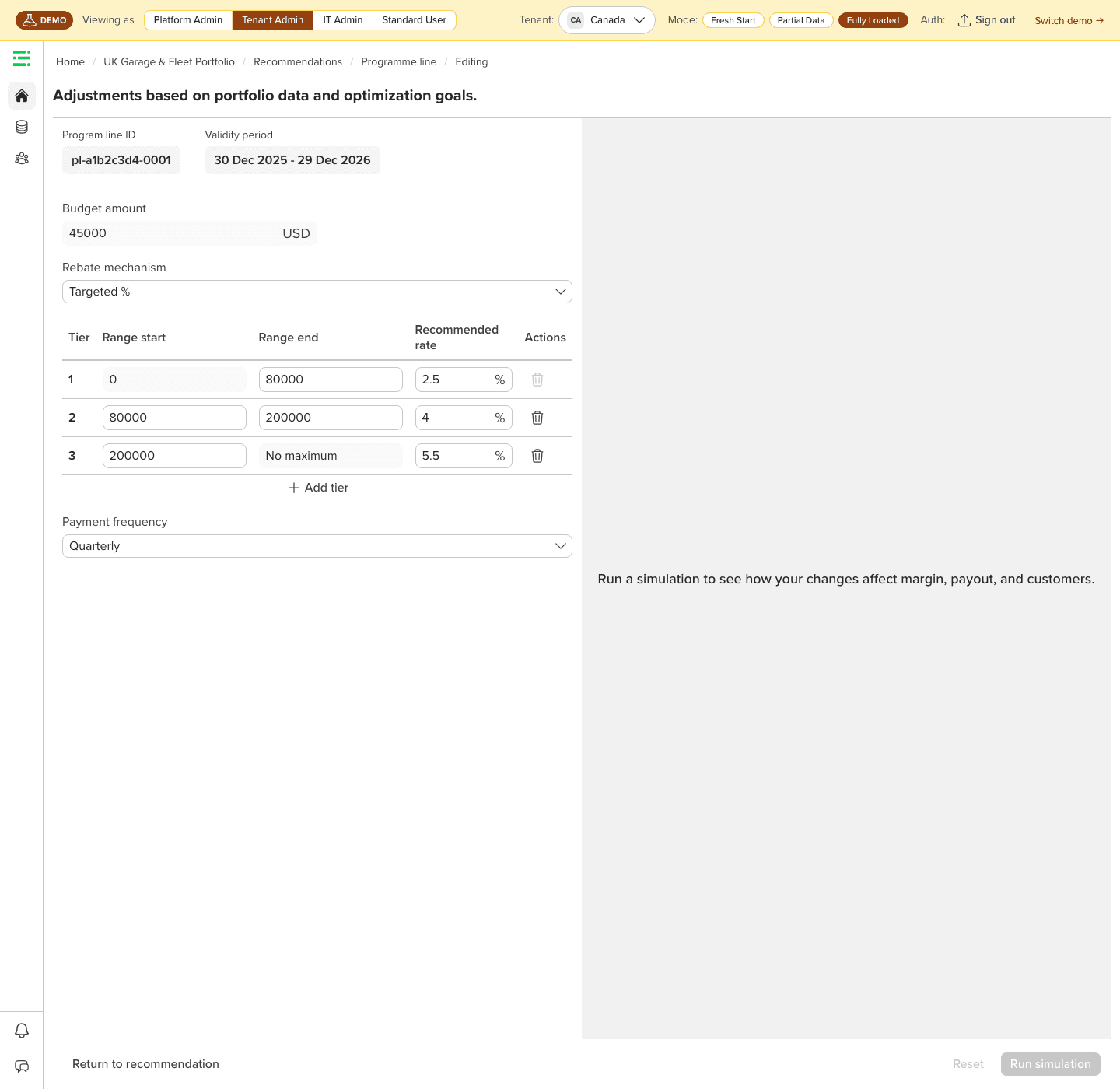 Simulation page editing rebate tier parameters with budget, mechanism, and tier rate inputs