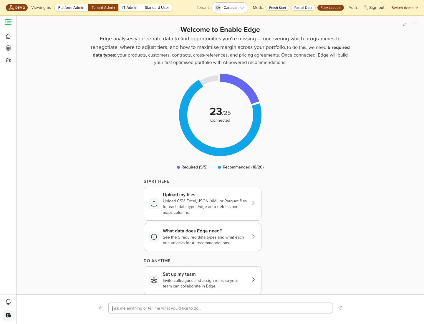 Enable Edge welcome screen for first-time login with data readiness ring and guided onboarding cards