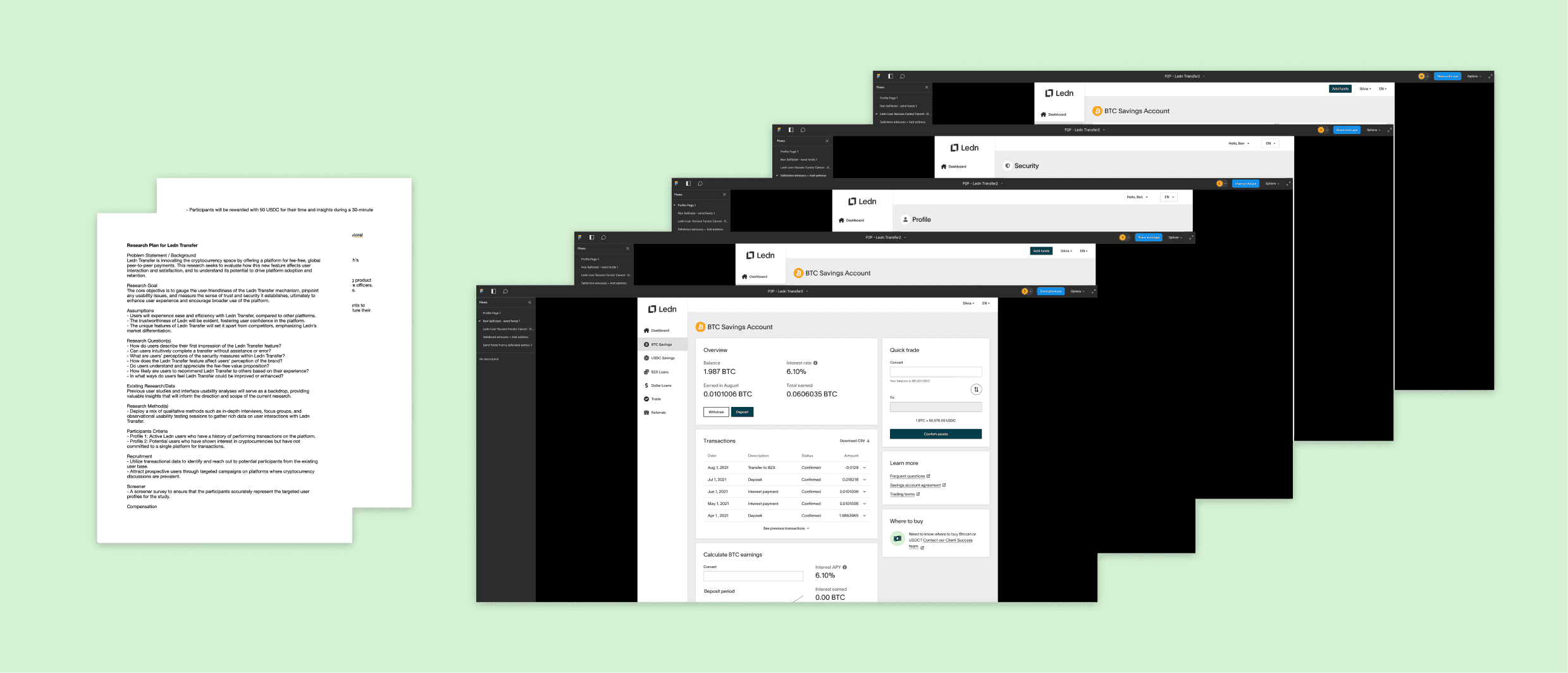 Research plan with five user interface flows