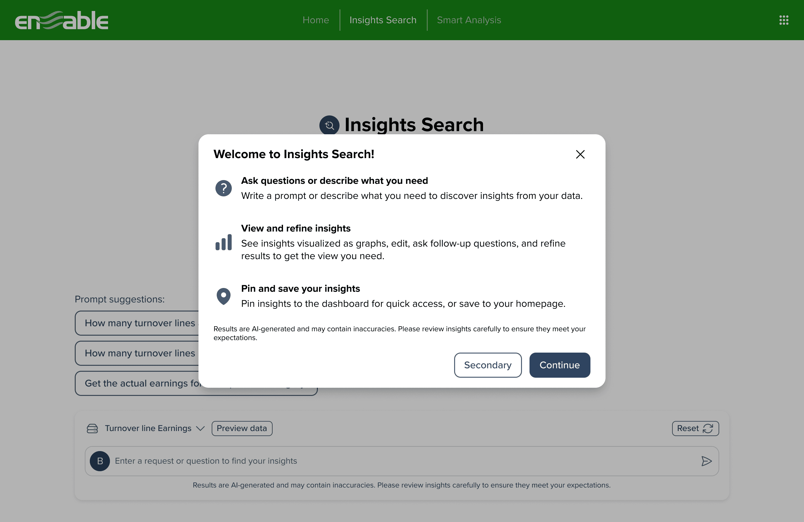 Welcome to Insights Search first-run modal with expectation-setting copy