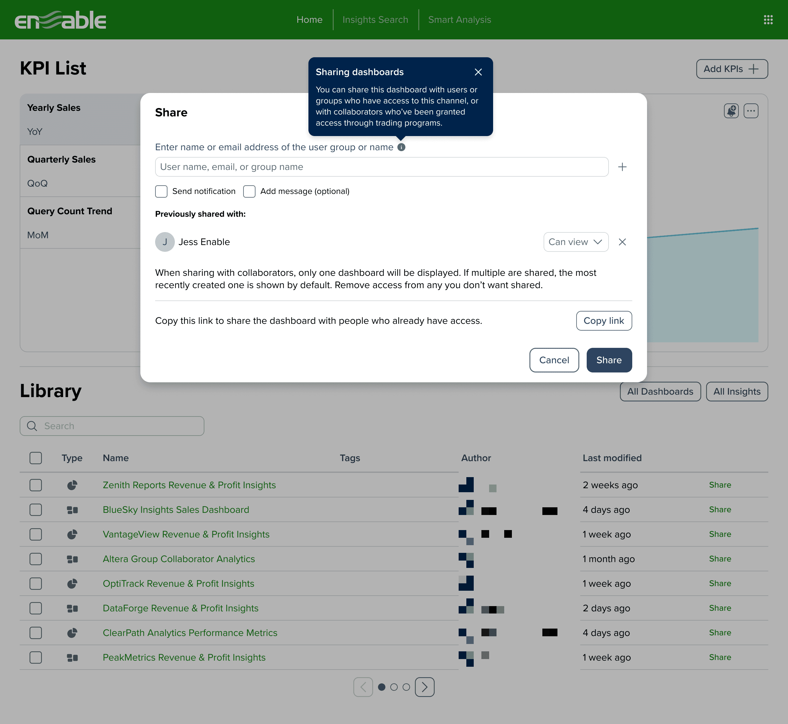 Final share modal over an AIPA dashboard with the sharing tooltip and previously-shared list