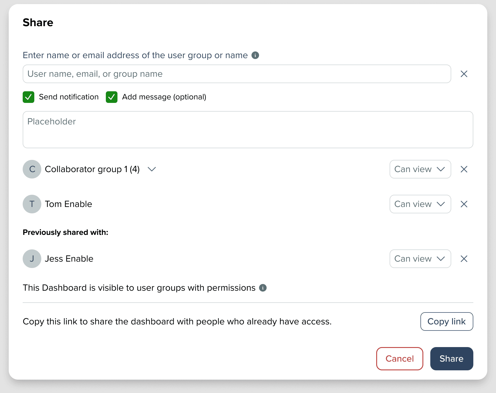 Standalone share modal variant with notification options and a collaborator group row