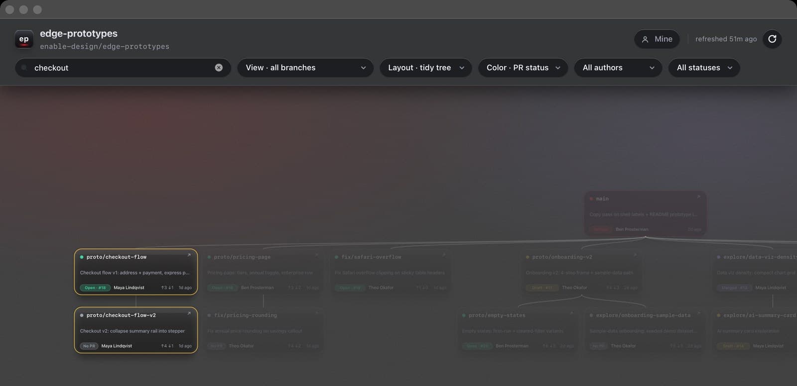Search matching branches highlighted while the rest of the tree dims in place