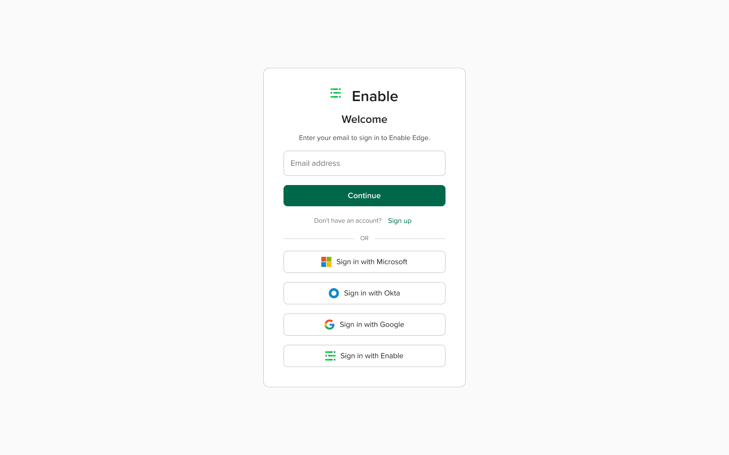 Enable Edge sign-in screen, an Auth0 Universal Login replica themed with Enable's branding