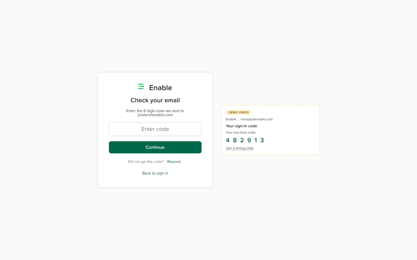 Passwordless one-time-code verification screen for customers without an identity provider