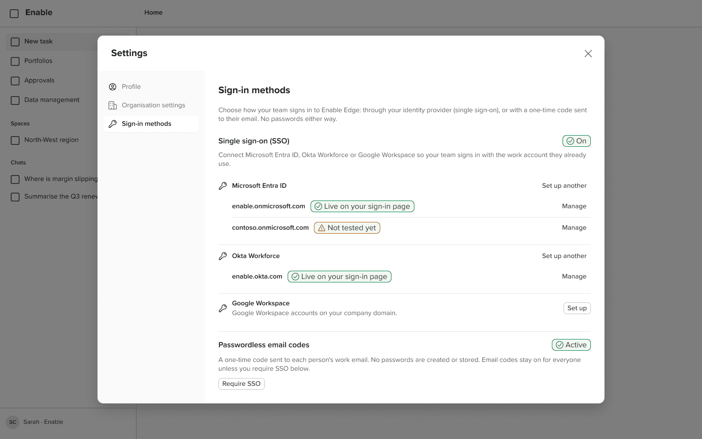 Login methods admin showing the three identity providers as always-visible rows rather than a wizard