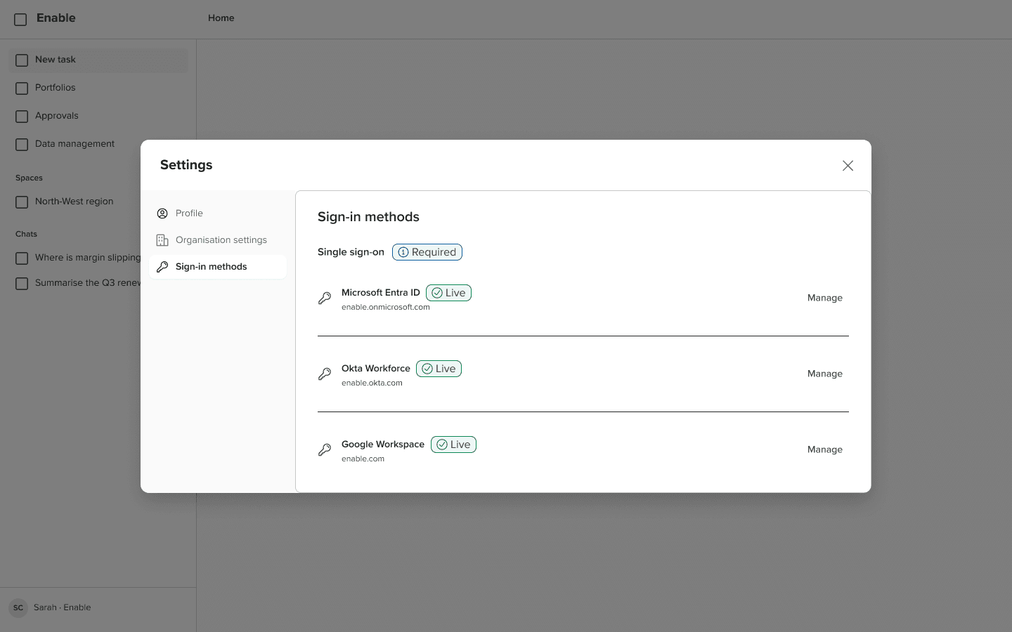 Admin overview with SSO enforced at the tenant level