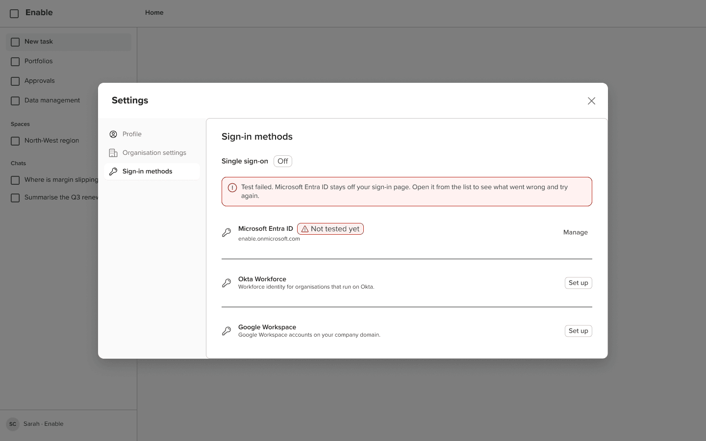 Admin overview showing the test-failed banner after a failed connection test