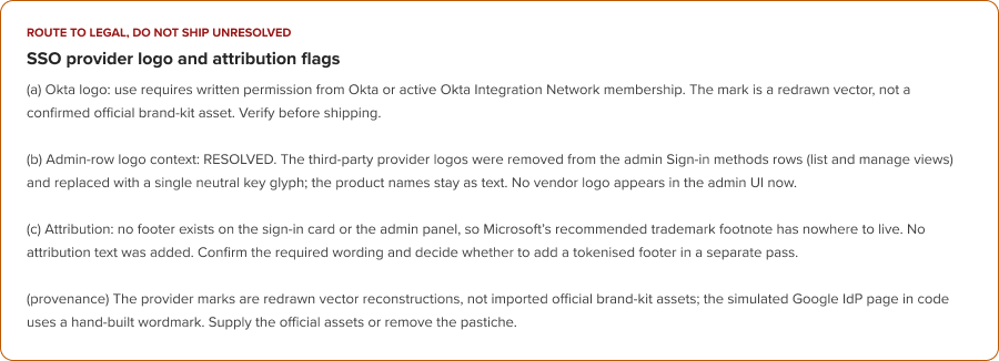 Provider-logo and trademark legal flags carried into engineering for Microsoft, Okta, and Google marks