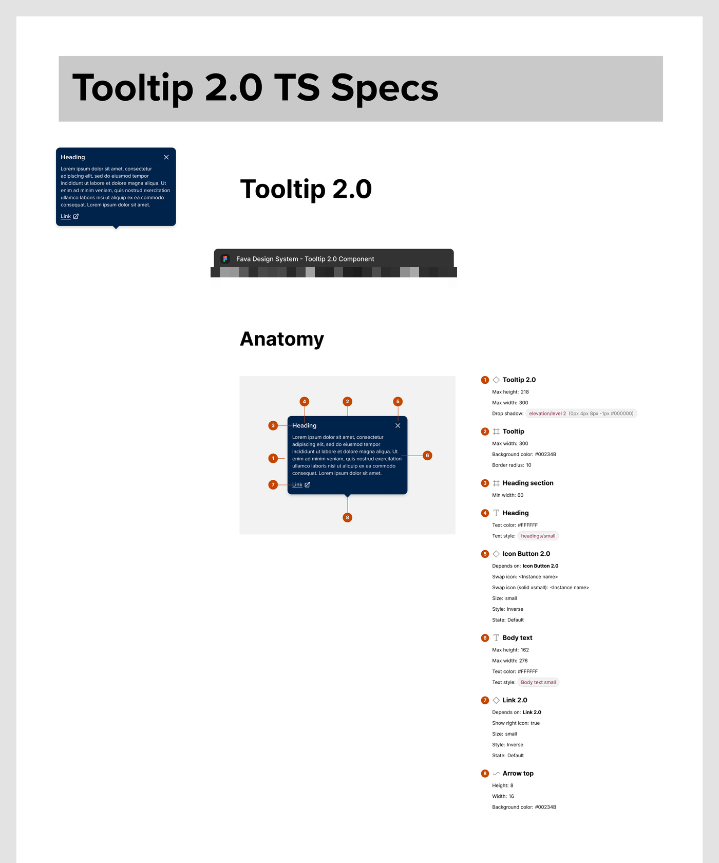 Tooltip 2.0 spec with anatomy, numbered callouts, and property redlines
